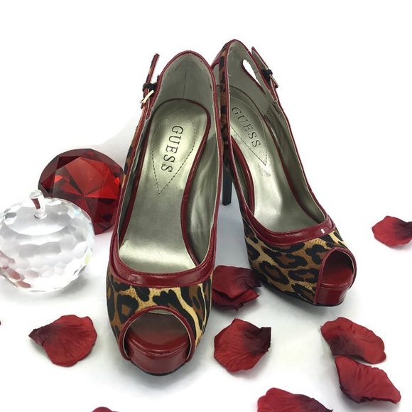 Guess Red Cheeta Print Heels Size 6.5 - Picture 1 of 8